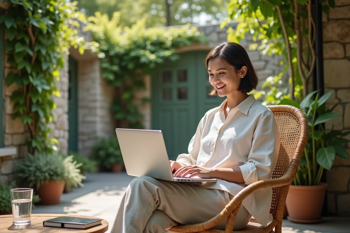 Personne travaillant à distance en plein air sur une terrasse avec un ordinateur portable dans un jardin verdoyant