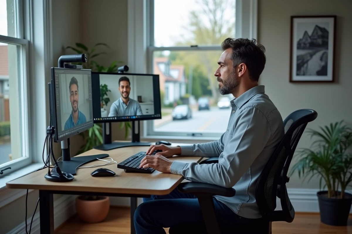 Homme en visioconférence professionnelle depuis son bureau à domicile ergonomique en télétravail