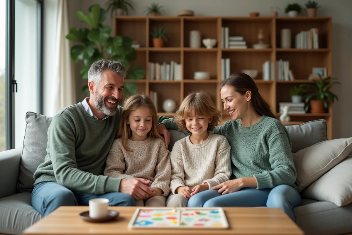 Famille recomposée jouant à un jeu de société dans un salon scandinave contemporain, représentant la diversité des structures familiales actuelles