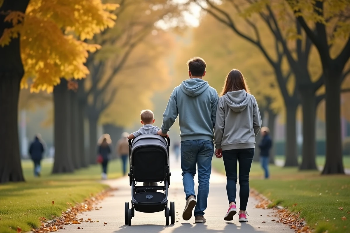 Jeune famille avec un enfant en bas âge profitant d'une promenade dans un parc en automne, reflet des nouvelles tendances de parentalité active