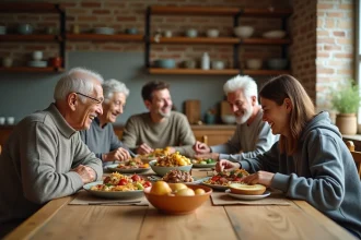 Famille multigénérationnelle réunie autour d'un repas partagé dans une cuisine moderne et chaleureuse, illustrant les tendances familiales contemporaines