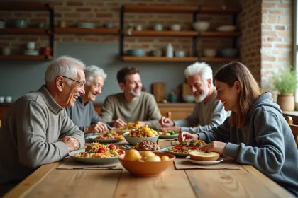 Famille multigénérationnelle réunie autour d'un repas partagé dans une cuisine moderne et chaleureuse, illustrant les tendances familiales contemporaines