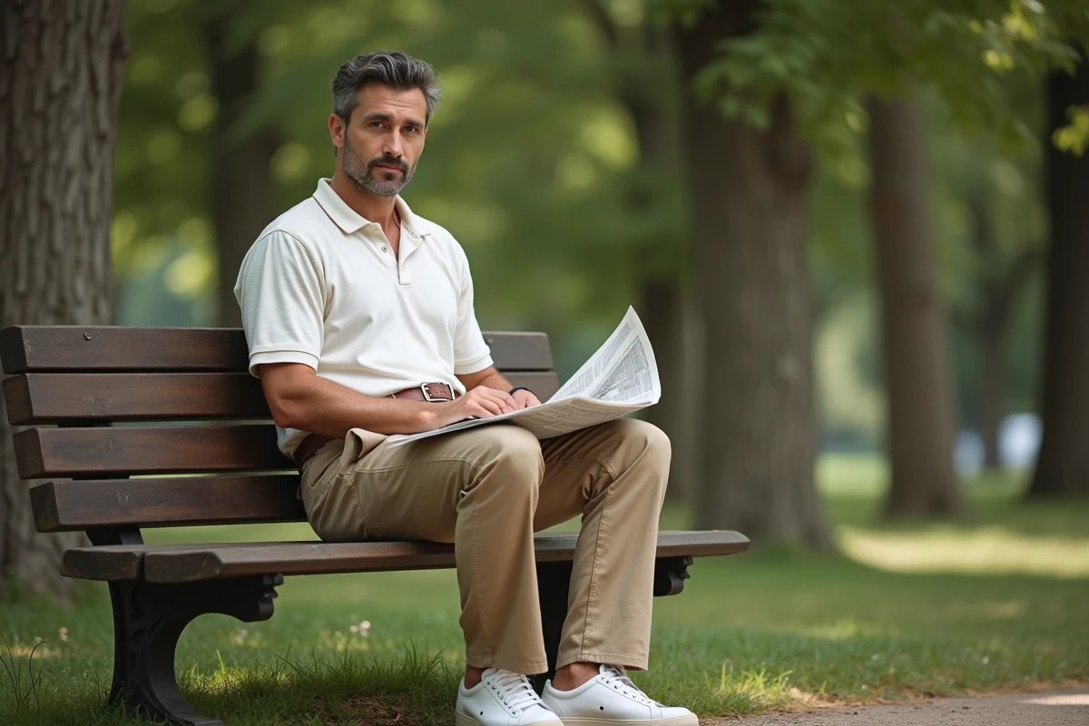 Homme en polo blanc et chino kaki style années 1994 assis sur un banc de parc avec journal