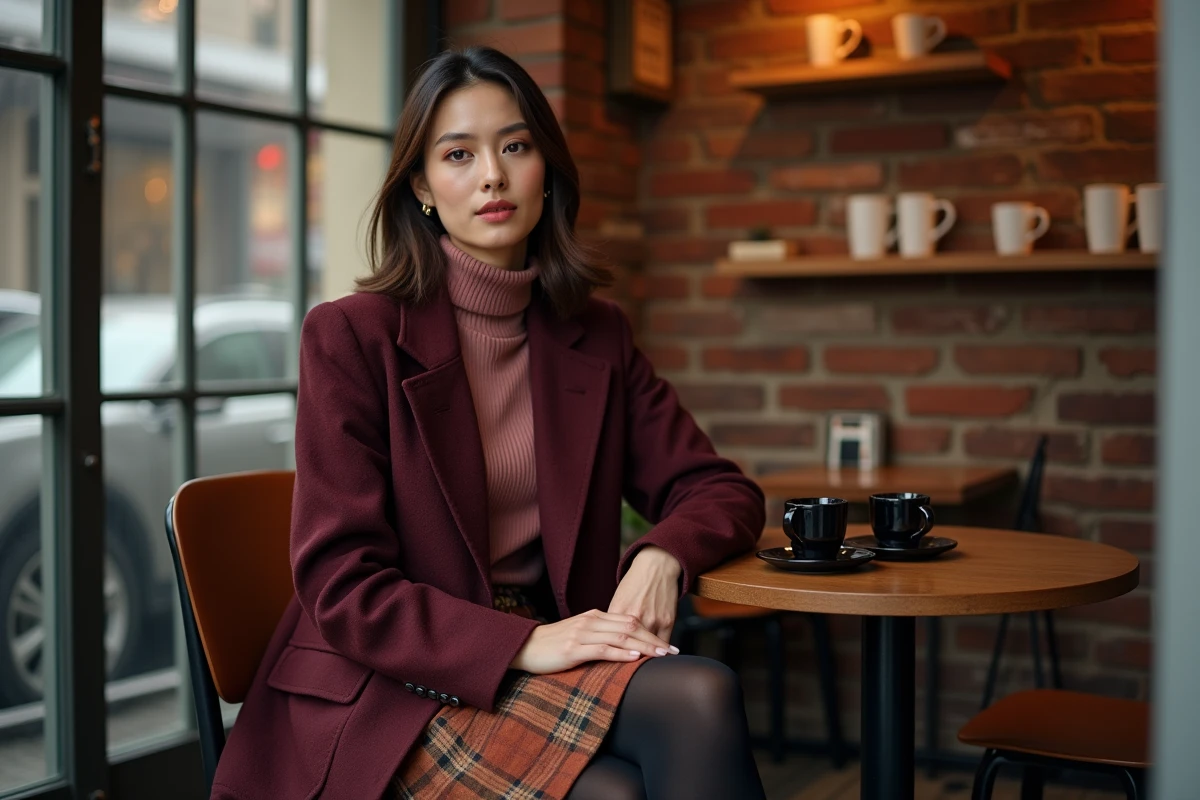 Jeune femme stylée en hiver portant un blazer bordeaux et une jupe plaid dans un café cosy parisien