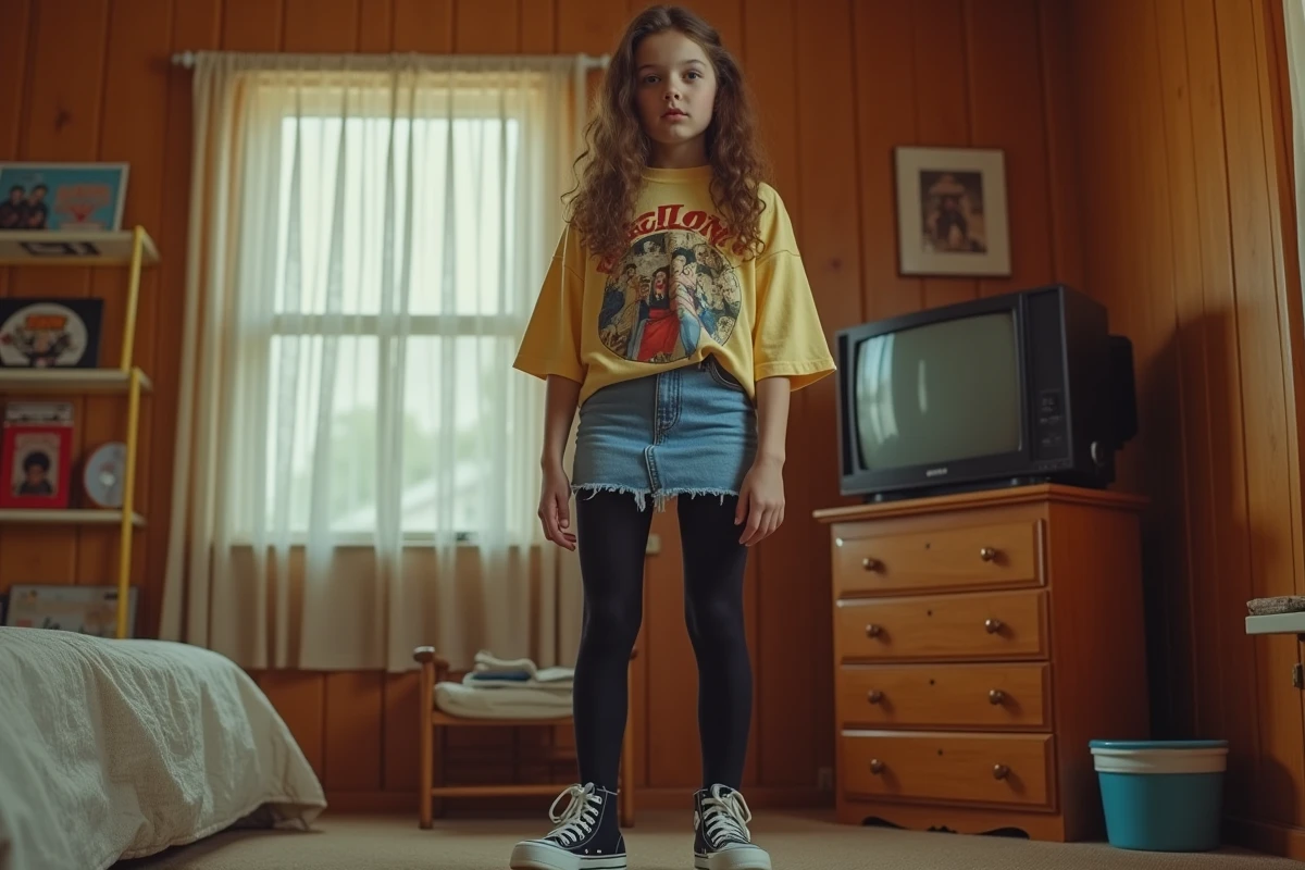 Adolescente en tenue pop années 1994 avec t-shirt graphique oversize, jupe en jean et collants noirs dans une chambre rétro