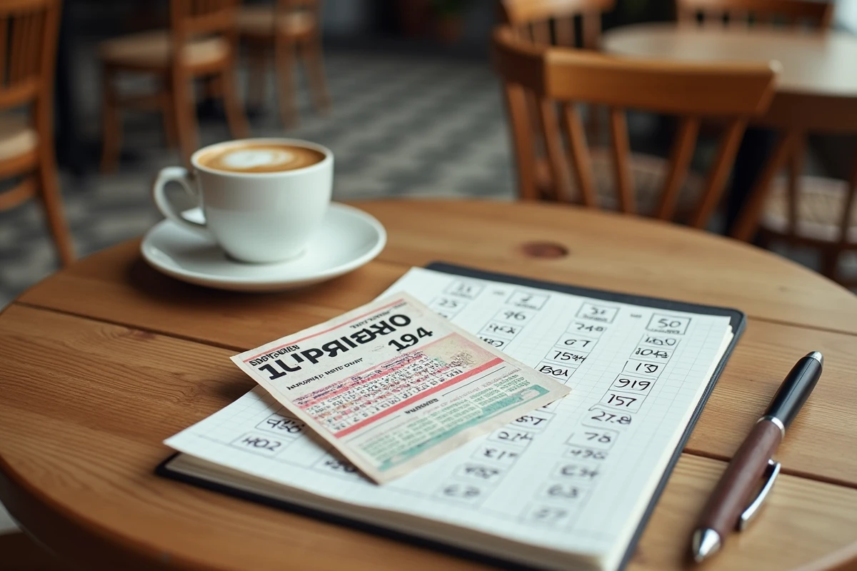 Ticket Keno et notes manuscrites des résultats sur une table de café français