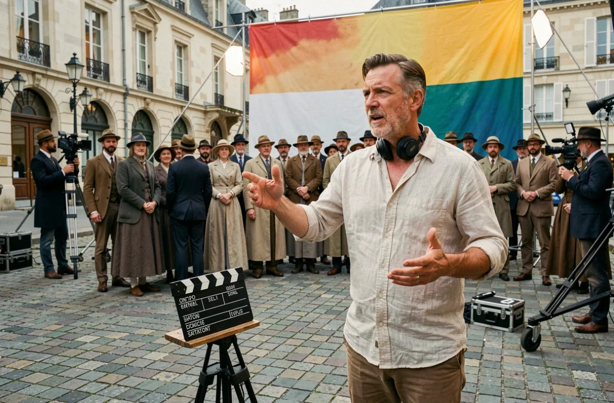 Réalisateur dirigeant une scène de tournage évoquant La Marseillaise sur un plateau en extérieur