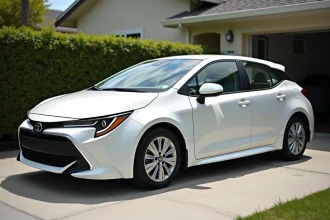 Toyota Corolla blanche garée dans une allée résidentielle propre, symbole de fiabilité automobile