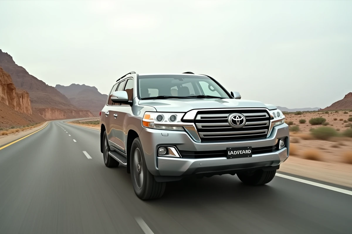Toyota Land Cruiser argent roulant sur une route ouverte, illustrant la durabilité et la fiabilité des SUV japonais