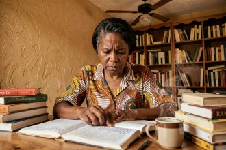 Femme martiniquaise étudiant la traduction d'expressions créoles dans des dictionnaires ouverts sur une table en bois