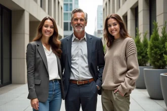 Trois personnes représentant différents genres debout ensemble dans une place urbaine moderne, symbole de diversité de genre