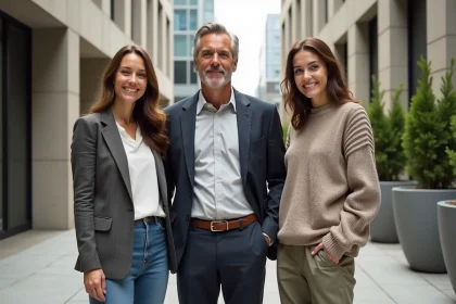 Trois personnes représentant différents genres debout ensemble dans une place urbaine moderne, symbole de diversité de genre