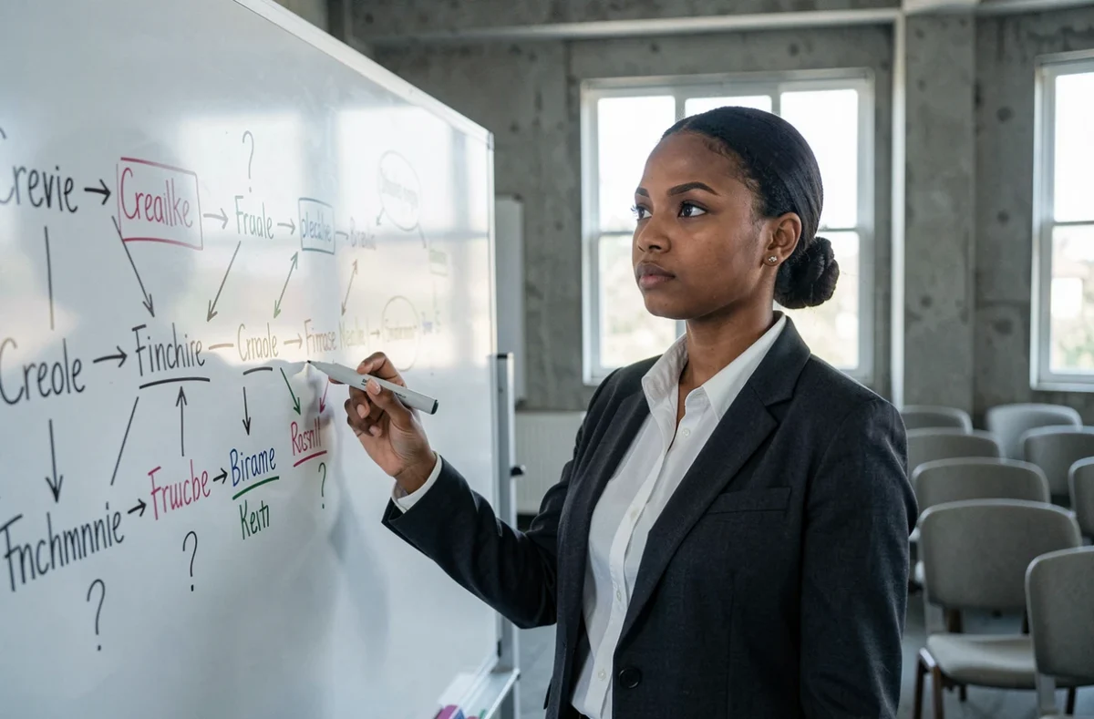 Jeune universitaire réunionnaise devant un tableau blanc annotant les équivalences entre termes créoles et français