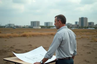 Urbaniste examinant des plans de construction sur une parcelle de terrain en vue d'un changement de destination