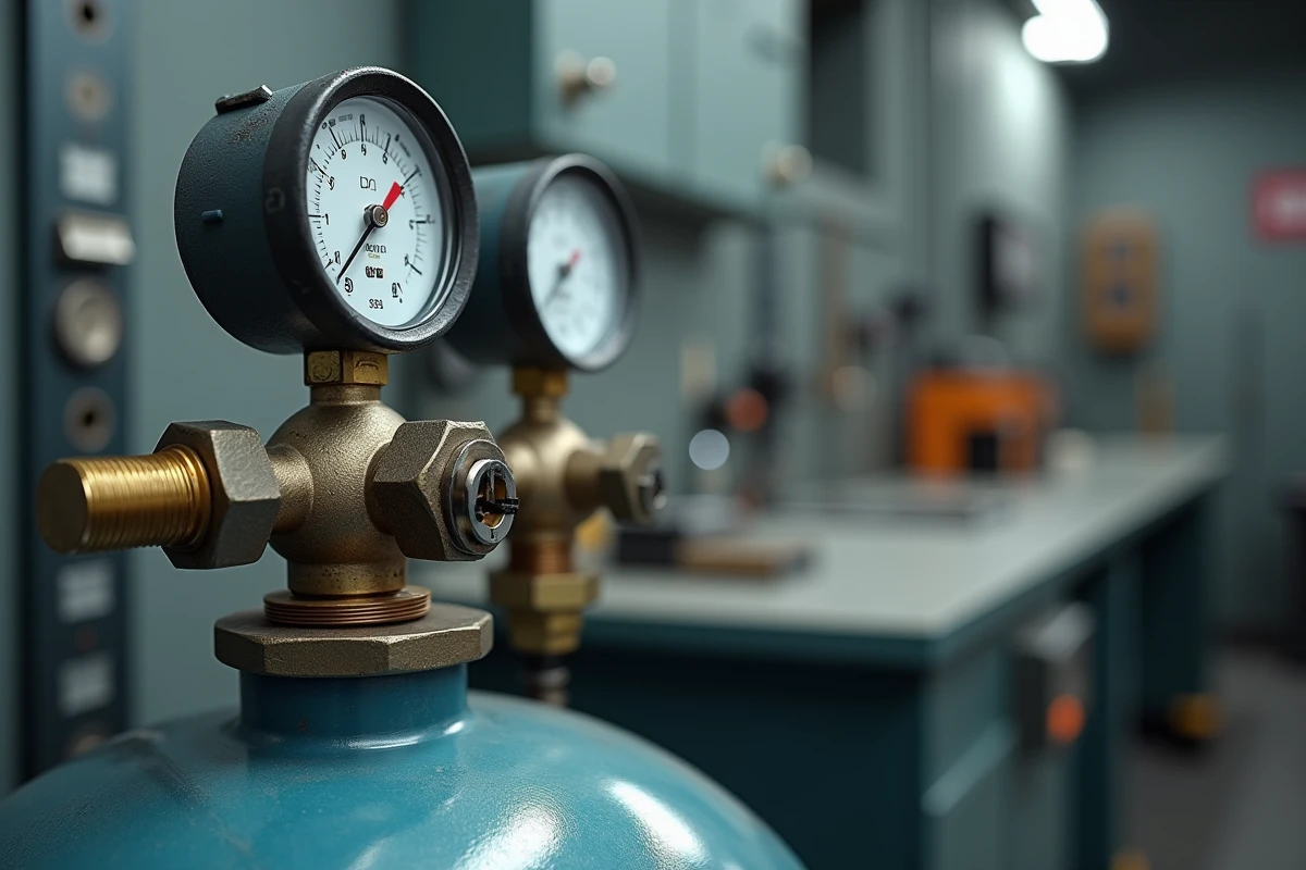 Gros plan sur la valve et le manomètre d'un réservoir d'hydrogène haute pression