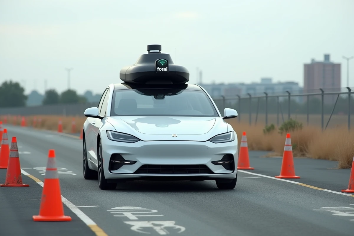 Véhicule autonome de test équipé d'un capteur lidar sur un circuit d'essai avec des cônes orange