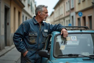 Mécanicien quinquagénaire regardant pensif la vignette Crit'Air d'un vieux véhicule diesel garé dans une rue urbaine européenne