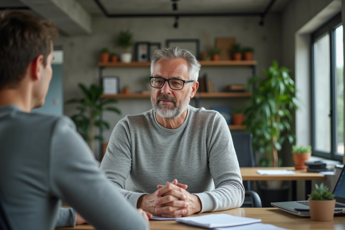 Homme en pull gris dans un bureau moderne en open space, illustrant l'influence des vêtements sur le comportement professionnel et les interactions sociales