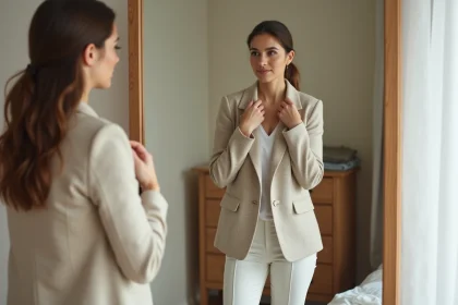 Femme en tailleur ajustant sa tenue devant un miroir dans une chambre minimaliste, illustrant l'impact des vêtements sur la confiance en soi