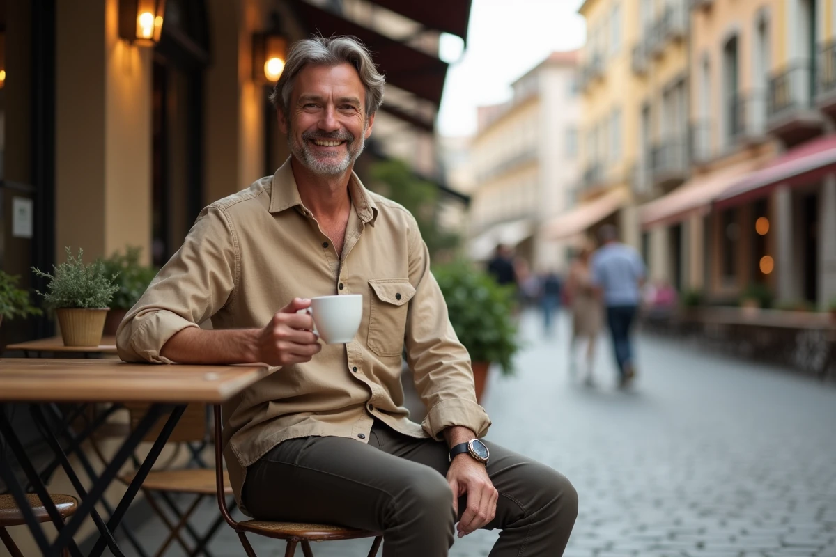 Homme en tenue décontractée assis en terrasse de café, montrant comment les vêtements informels influencent la perception de l'accessibilité et de la sympathie