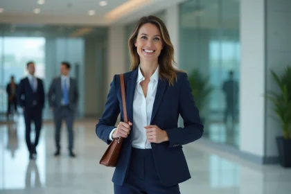 Femme en tailleur professionnel dans un hall d'entreprise, illustrant l'influence des vêtements formels sur la perception professionnelle