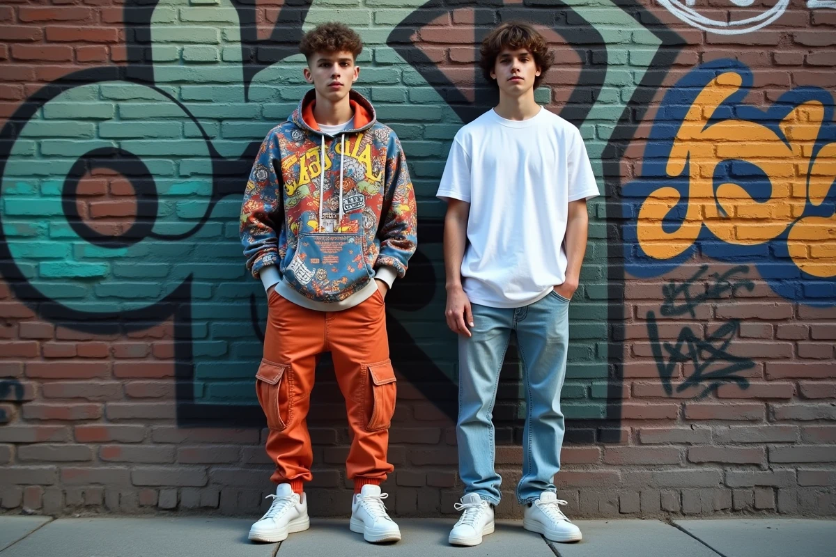 Deux jeunes adultes côte à côte en tenues contrastées dans une rue urbaine, illustrant comment différents styles vestimentaires génèrent des perceptions sociales distinctes