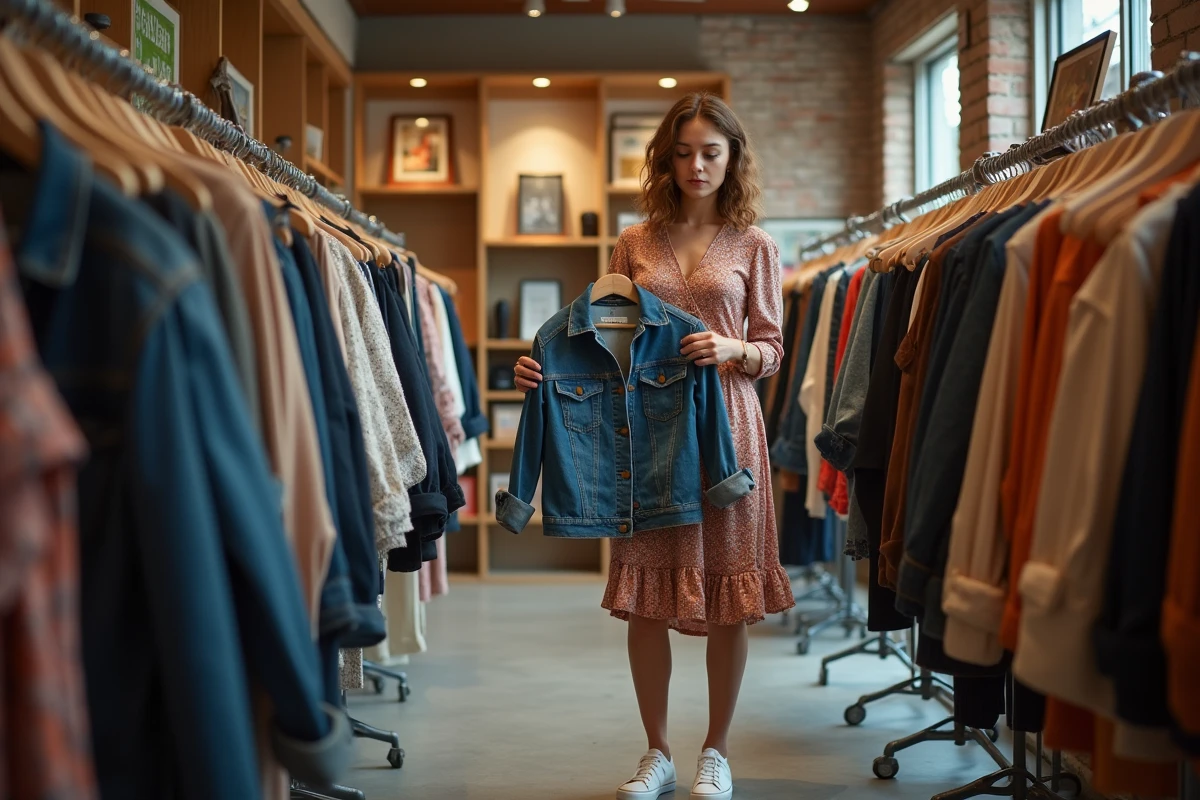 Jeune femme feuilletant des vêtements dans une boutique de seconde main, illustrant le lien entre mode durable, identité vestimentaire et choix de consommation