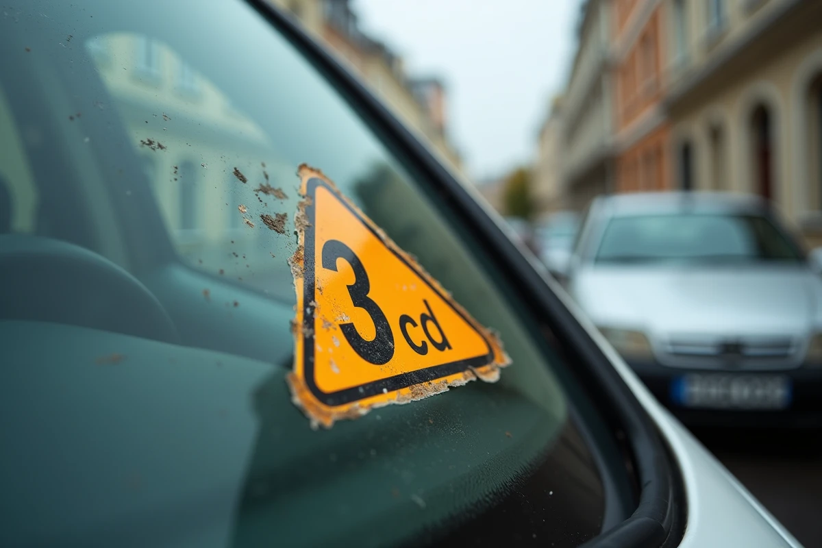 Gros plan sur une vignette Crit'Air catégorie 3 collée sur le pare-brise d'un véhicule ancien avec reflet urbain flou