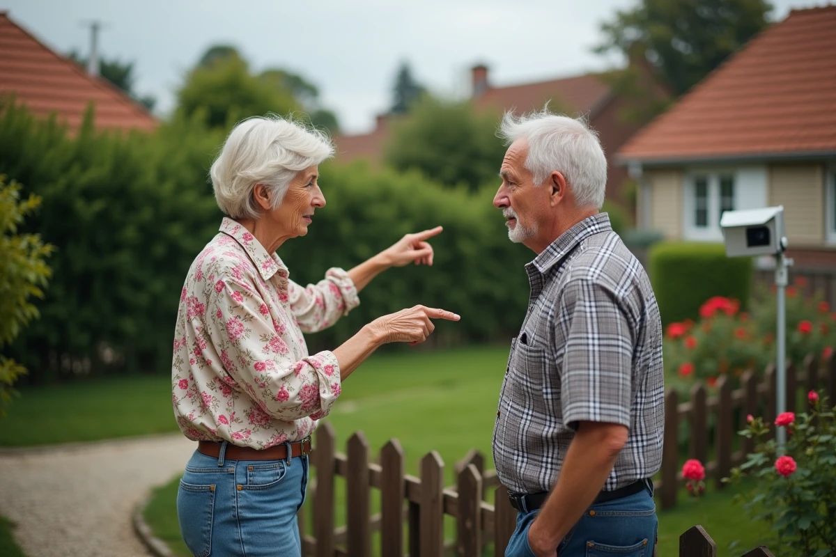 Deux voisins en discussion tendue près d'une clôture au sujet d'un appareil photo dirigé vers une propriété privée, droit à la vie privée et image du domicile