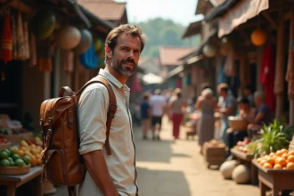 Voyageur français explorant un marché local en Asie du Sud-Est, pays abordable pour les touristes français
