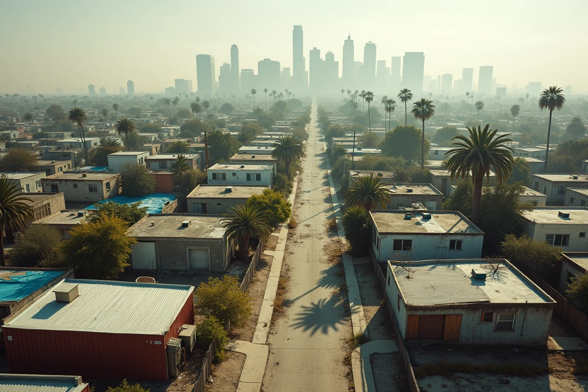 Vue aérienne d'un quartier pauvre de Los Angeles contrastant avec les gratte-ciels du centre-ville en arrière-plan