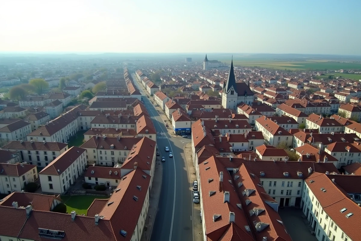Vue aérienne d'une ville française montrant la transition entre centre urbain dense et périphérie rurale pour définir une zone urbanisée
