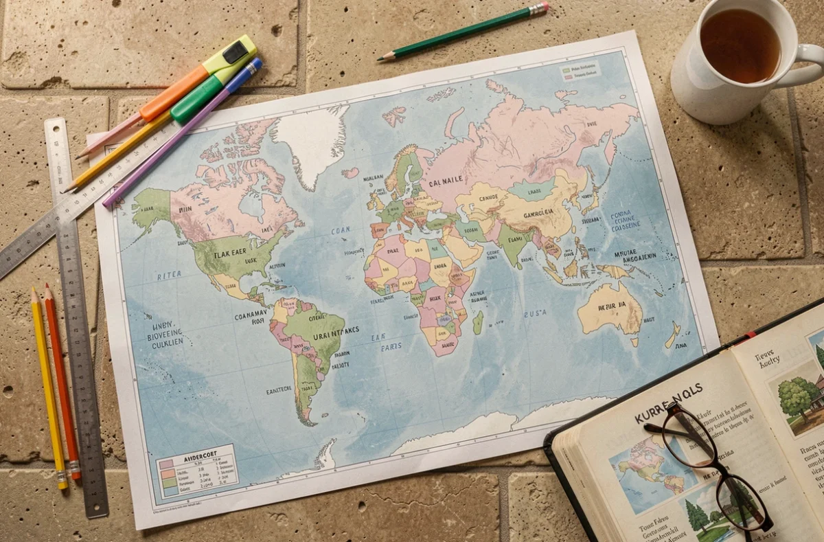 Vue de dessus d'une carte du monde imprimée personnalisée avec crayons de couleur, surligneurs et journal de voyage ouverts sur une table en pierre