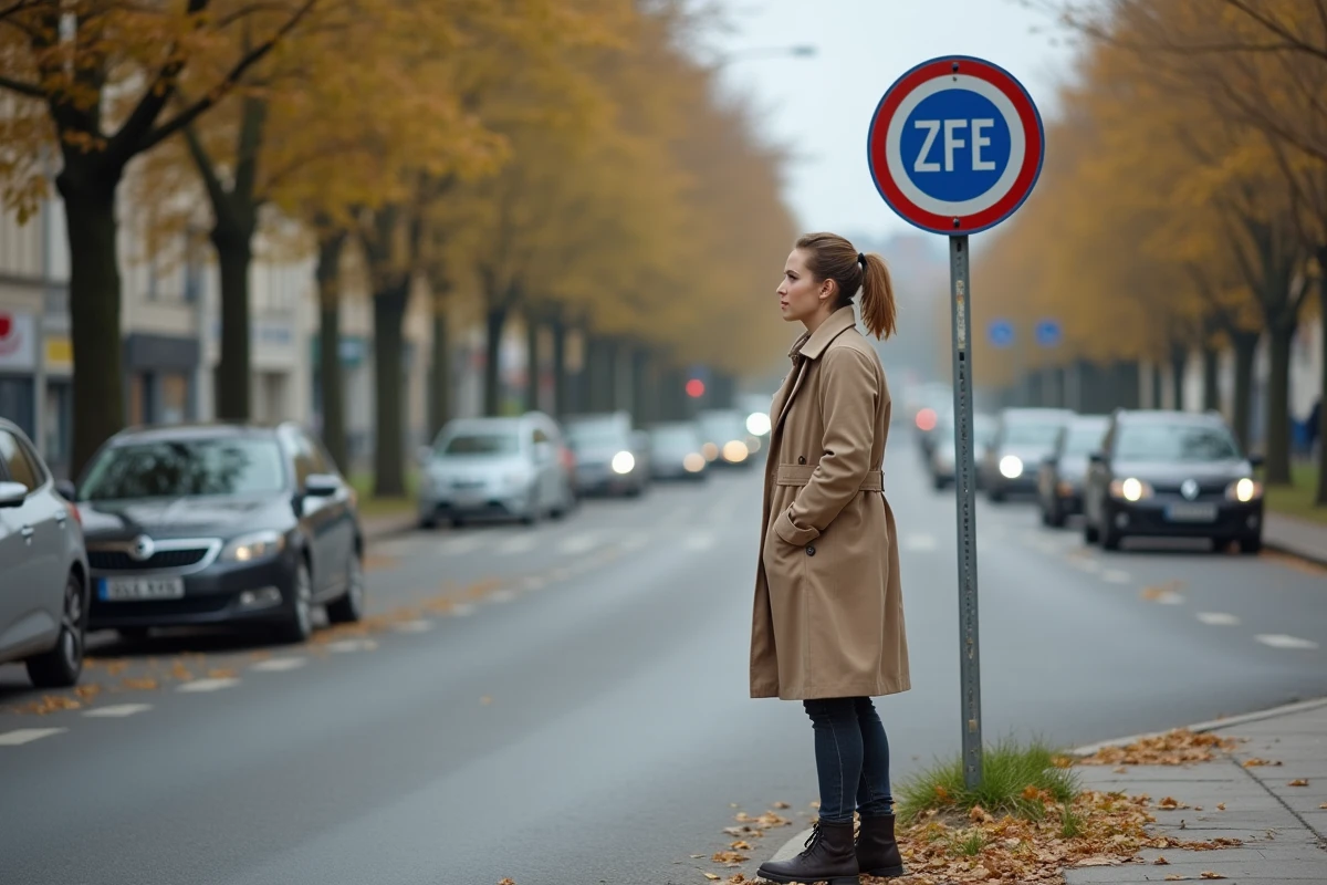Femme devant un panneau de zone à faibles émissions ZFE en ville, avec une file de voitures en arrière-plan en automne